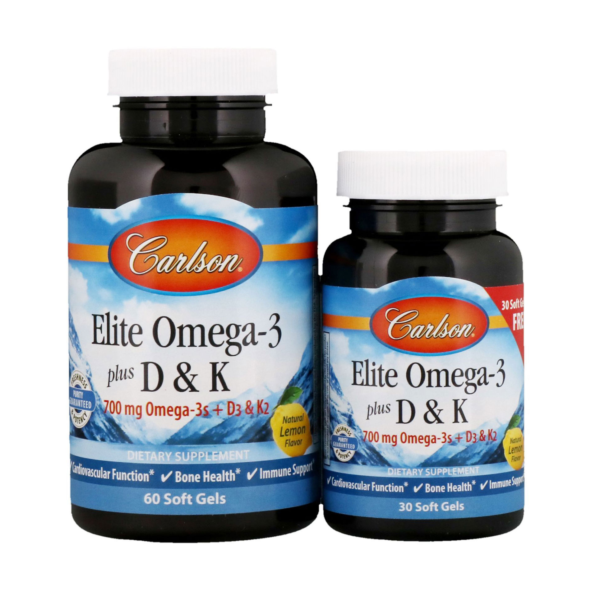 Омега-3 Carlson Labs Elite Omega-3 + D&amp;K з вітамінами D та K, натуральний смак лимона, 60 + 30  капсул